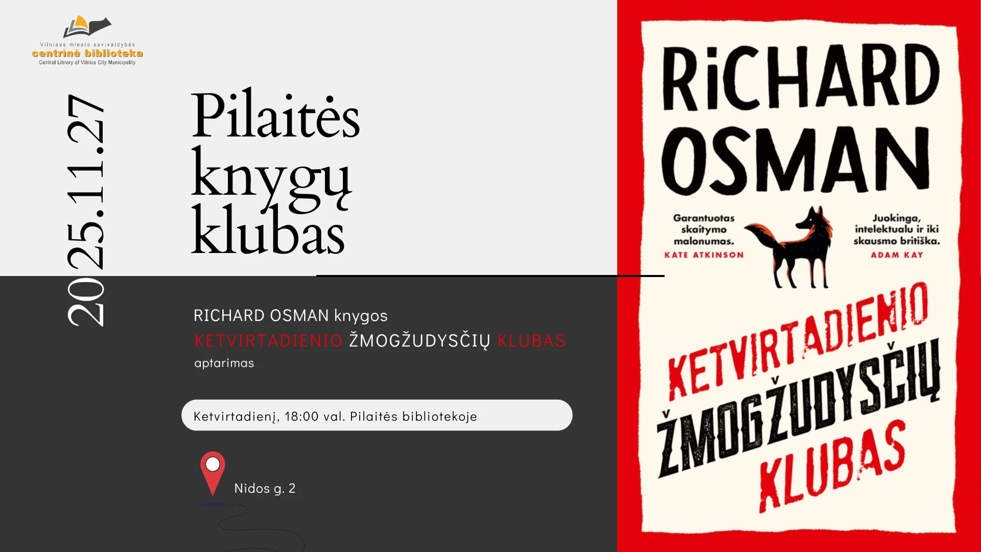 Pilaitės Knygų klubo susitikimas | Richard Osman knygos „Ketvirtadienio žmogžudysčių klubas“ aptarimas